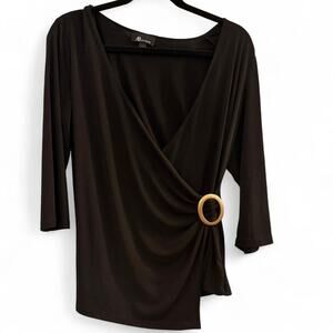 AB Studio Faux Wrap Top Black Large Gold‎ Ring Surplice Work Office Professional
